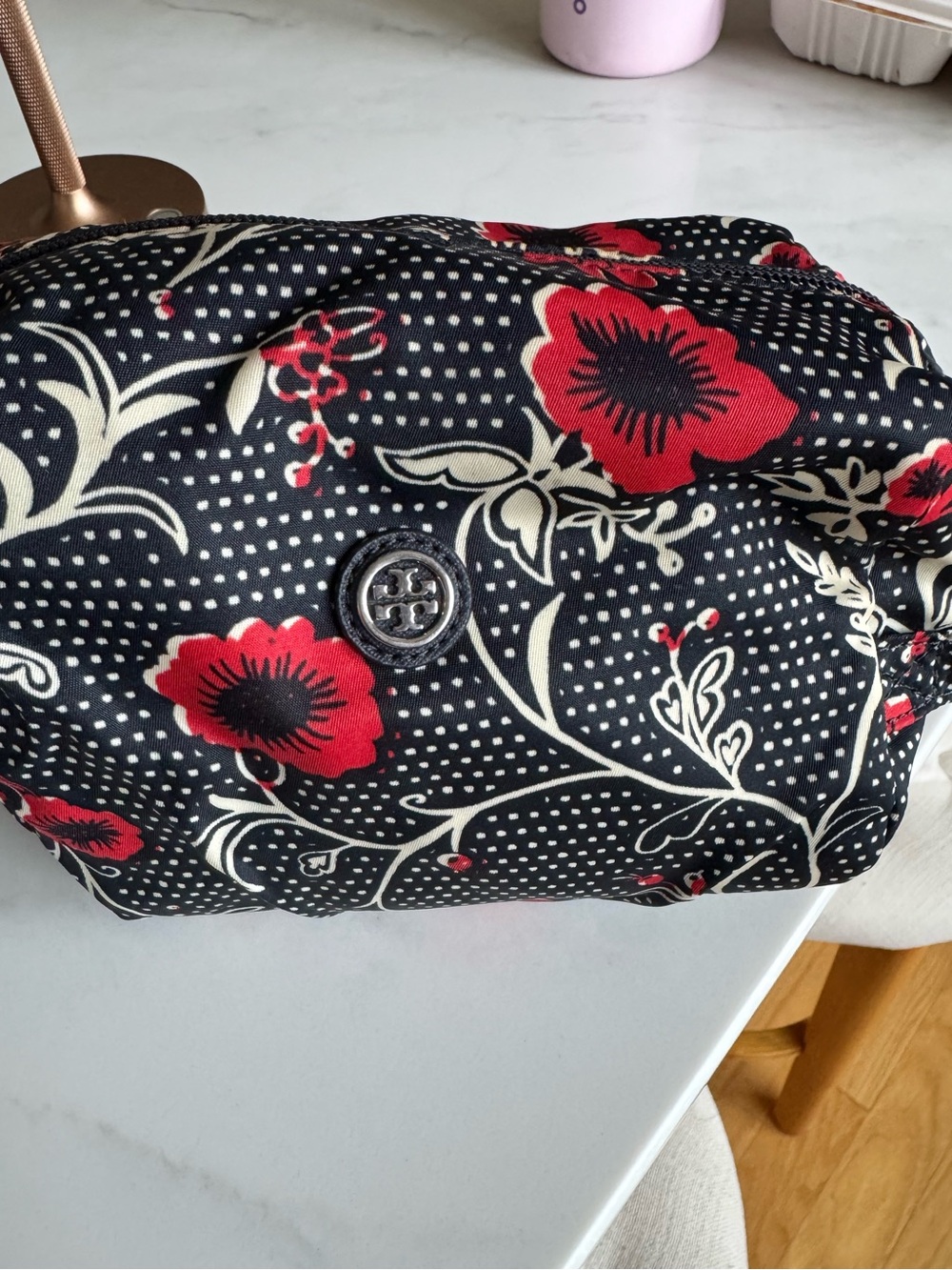 Tory Burch Floral Print Cosmetic Pouch in Black and Red